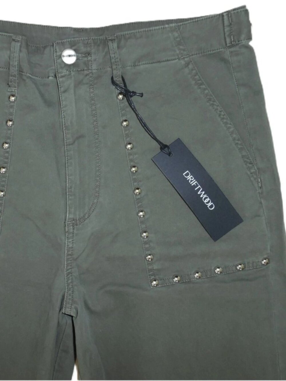 New Driftwood Boyfriend Trouser Pants Studded Crop Utility Pocket Army Green 27 - Picture 4 of 8